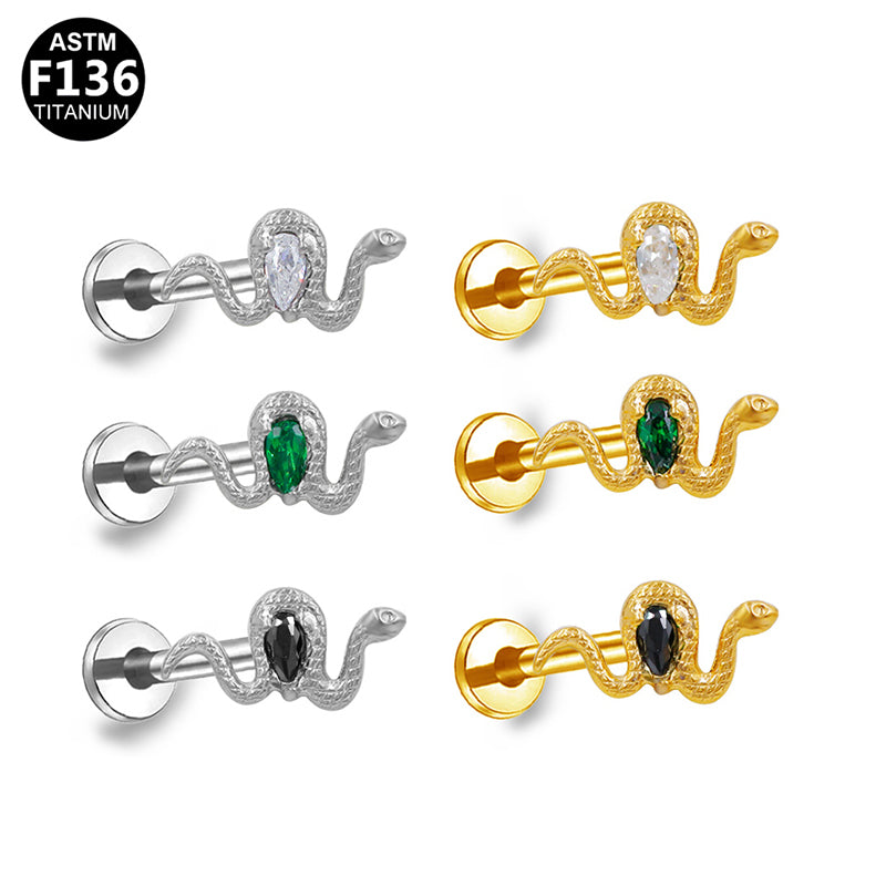ASTM F136 Titanium Snake Teardrop Black CZ Internally Threaded Flat Back Labret Stud