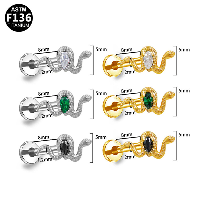 ASTM F136 Titanium Snake Teardrop Black CZ Internally Threaded Flat Back Labret Stud
