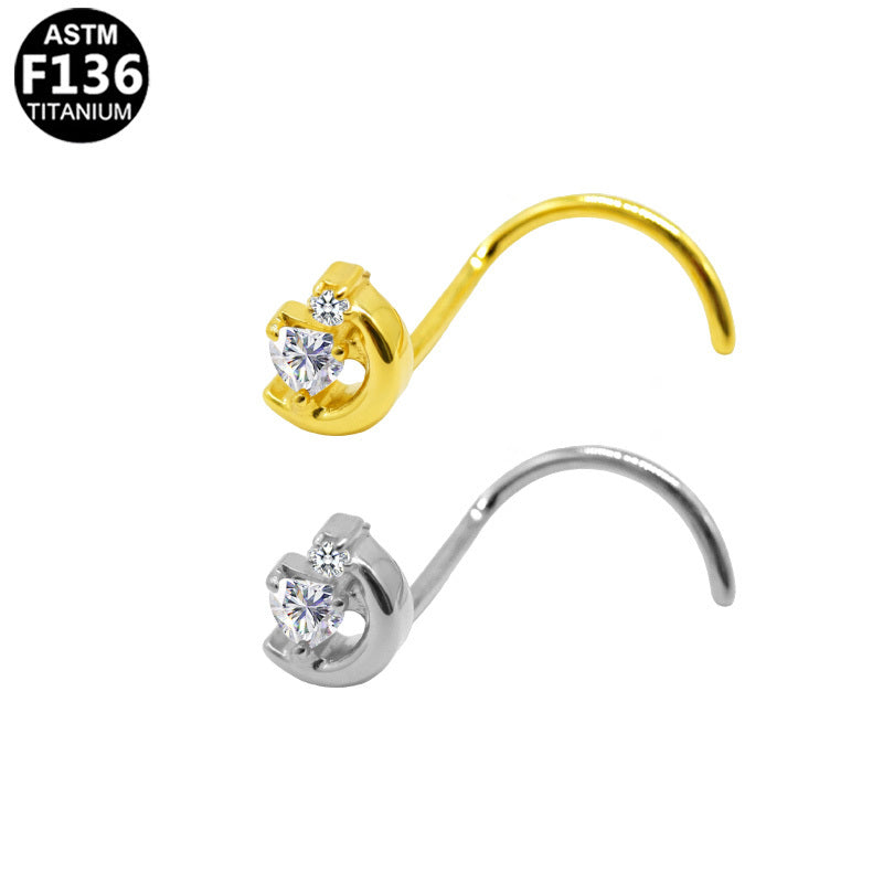 ASTM F136 Titanium 20G Heart-shaped CZ Screw Nose Stud Implant Grade Piercing Jewelry