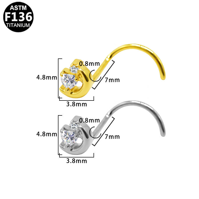 ASTM F136 Titanium 20G Heart-shaped CZ Screw Nose Stud Implant Grade Piercing Jewelry
