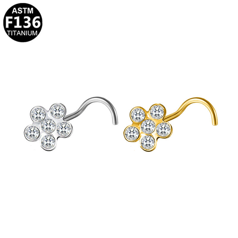 ASTM F136 Titanium 20G Flower Screw Nose Studs with CZ Hypoallergenic Implant Grade