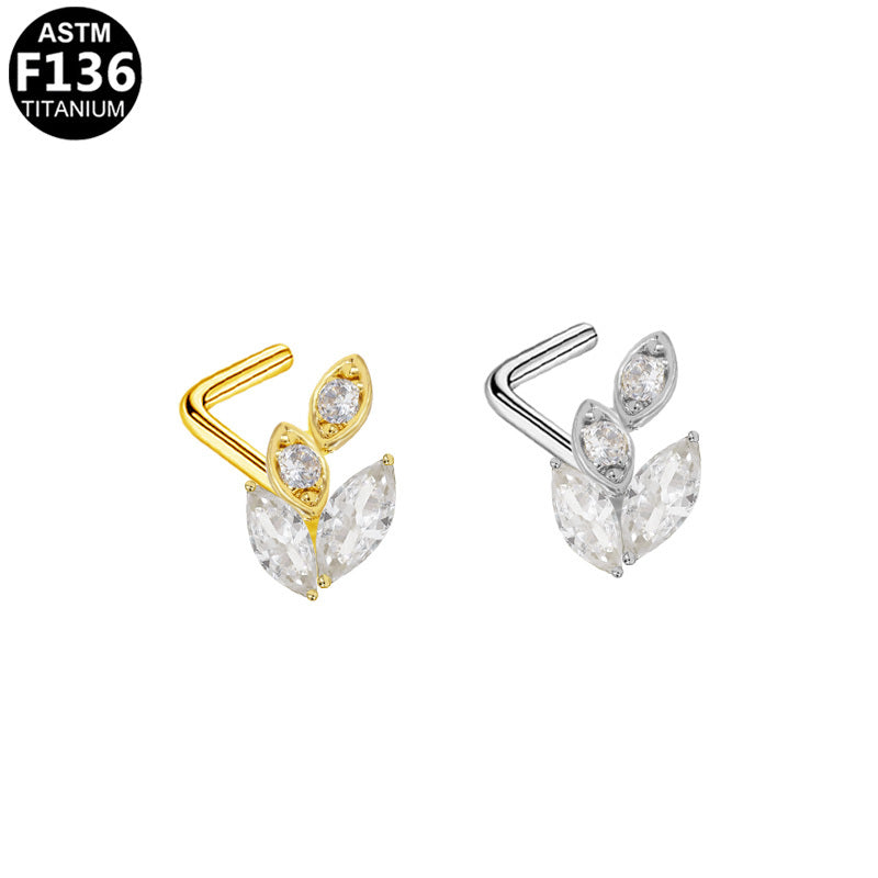 ASTM F136 Titanium 20G L-Shaped Leaf Shape Nose Stud CZ Implant Grade Piercing Jewelry