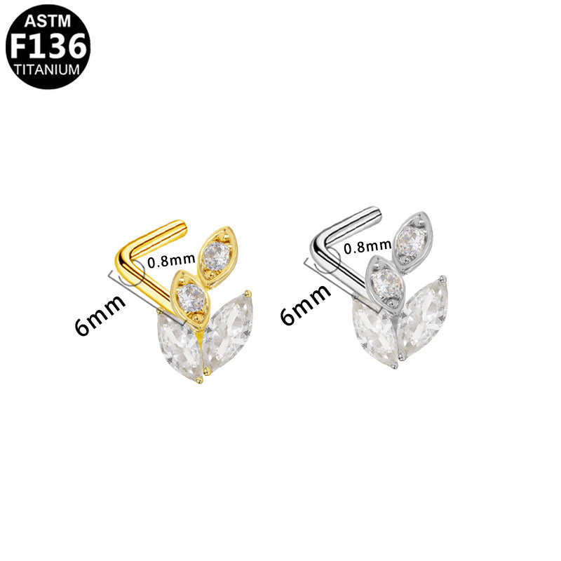 ASTM F136 Titanium 20G L-Shaped Leaf Shape Nose Stud CZ Implant Grade Piercing Jewelry
