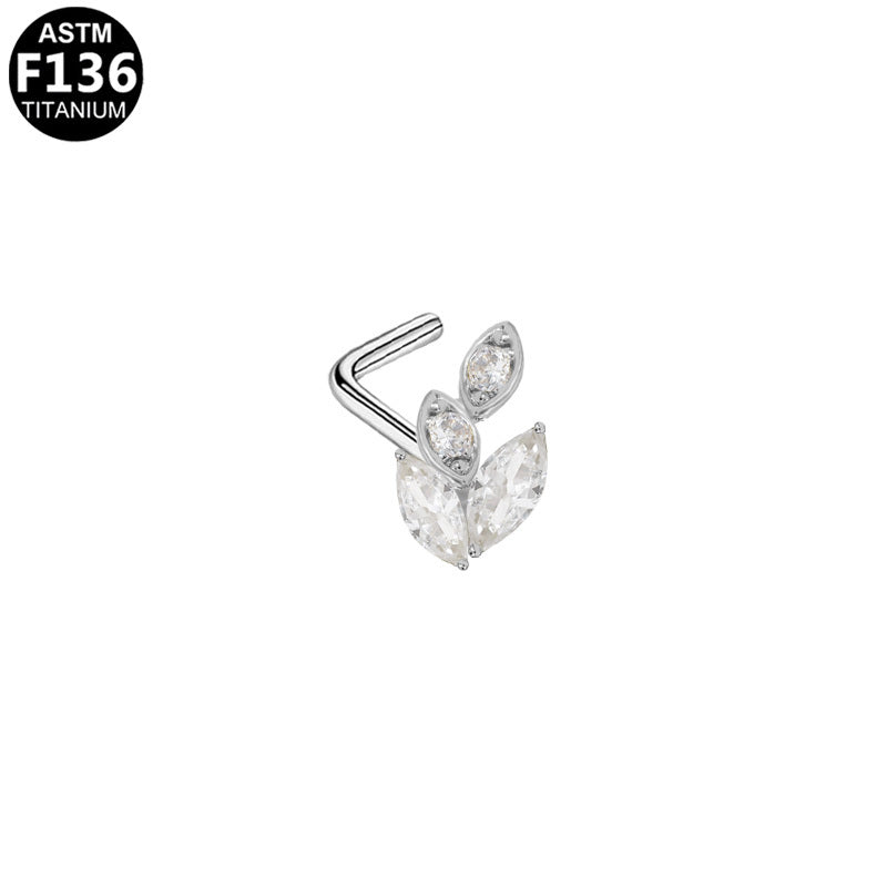 ASTM F136 Titanium 20G L-Shaped Leaf Shape Nose Stud CZ Implant Grade Piercing Jewelry