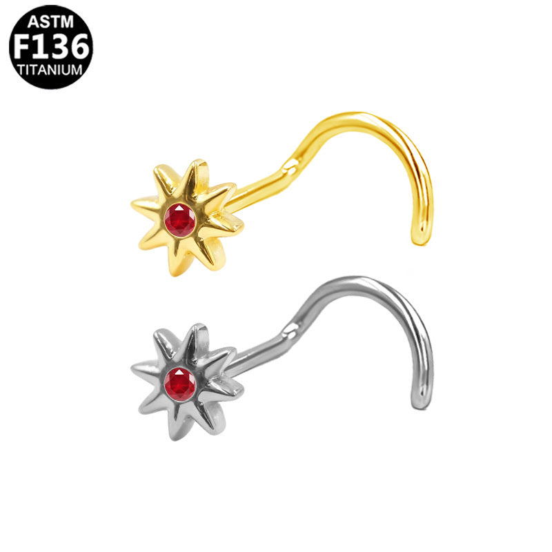 ASTM F136 Titanium 20G Starburst Screw Nose Stud Red CZ Implant Grade Piercing Jewelry