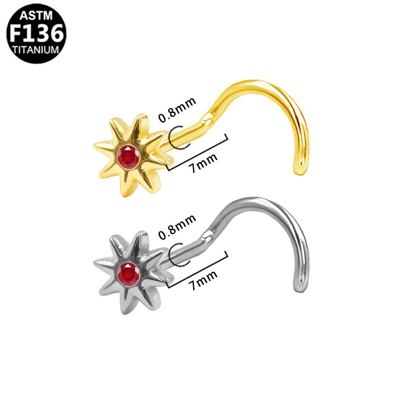 ASTM F136 Titanium 20G Starburst Screw Nose Stud Red CZ Implant Grade Piercing Jewelry