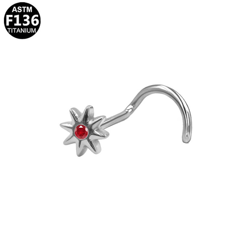 ASTM F136 Titanium 20G Starburst Screw Nose Stud Red CZ Implant Grade Piercing Jewelry