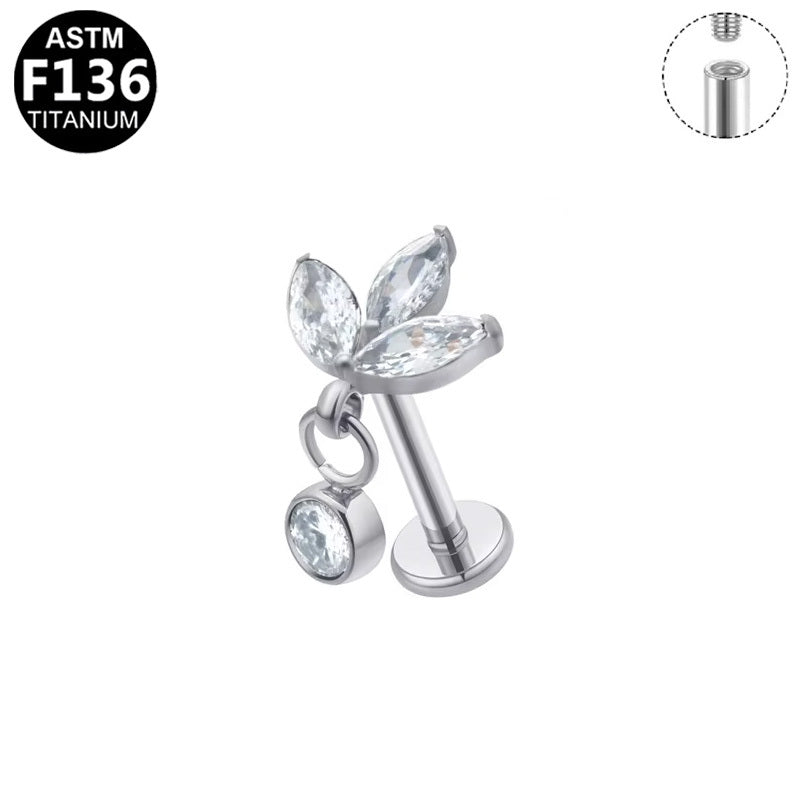 Gaby Jewelry ASTM F136 Titanium Internal Thread Labret Stud 3 Marquise CZ Leaf Dangle Round Zircon Flat Back Cartilage Earring Piercing Jewelry for Helix Tragus Lip
