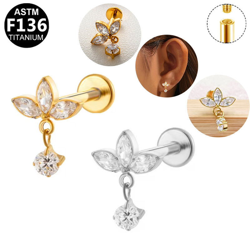 Gaby Jewelry ASTM F136 Titanium Internal Thread Labret Stud Three Marquise CZ Flower Dangle Round Zircon Flat Back Cartilage Earring Piercing Jewelry