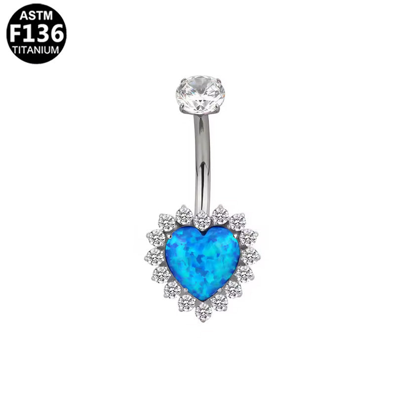 ASTM F136 Titanium 14G Blue Heart Halo Opal Internal Thread Belly Button Ring Hypoallergenic Piercing Jewelry