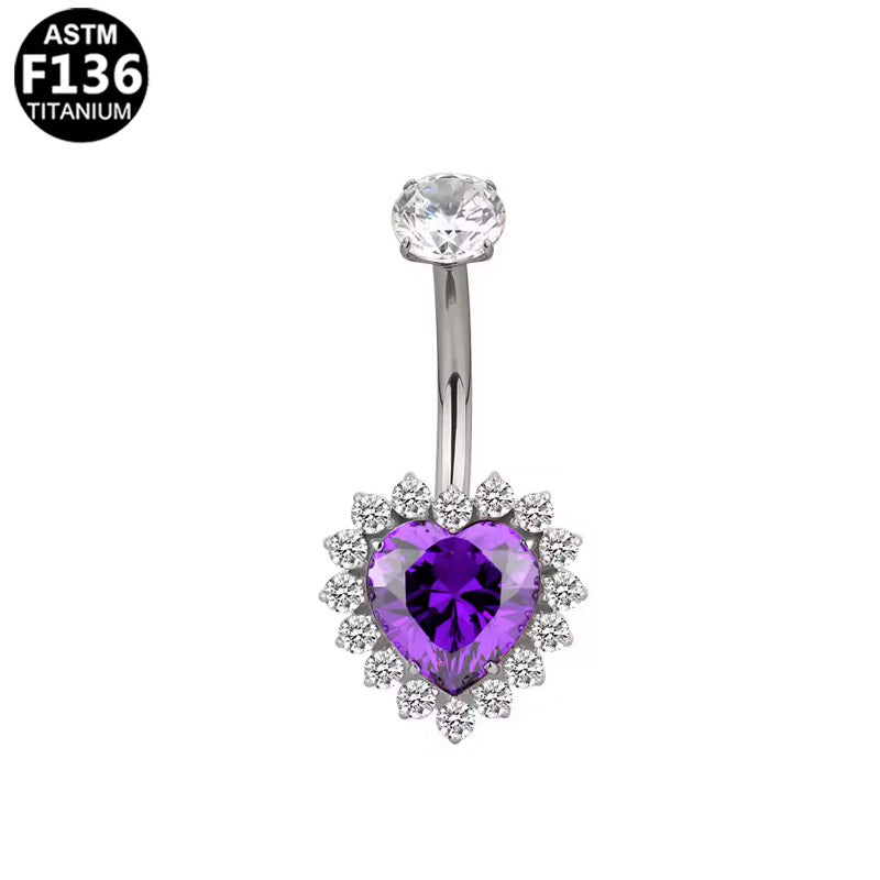 ASTM F136 Titanium 14G Purple Heart Halo CZ Internal Thread Belly Button Ring Hypoallergenic Piercing Jewelry