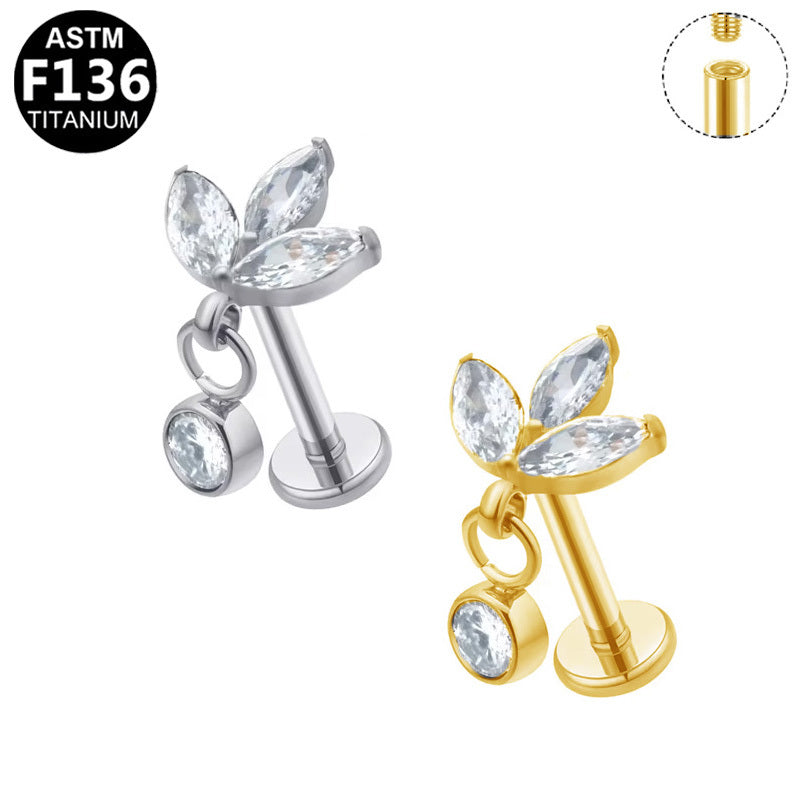 Gaby Jewelry ASTM F136 Titanium Internal Thread Labret Stud 3 Marquise CZ Leaf Dangle Round Zircon Flat Back Cartilage Earring Piercing Jewelry for Helix Tragus Lip