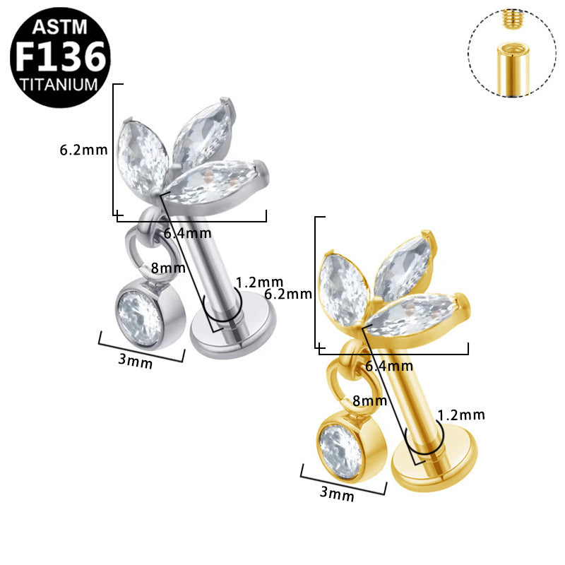 Gaby Jewelry ASTM F136 Titanium Internal Thread Labret Stud 3 Marquise CZ Leaf Dangle Round Zircon Flat Back Cartilage Earring Piercing Jewelry for Helix Tragus Lip