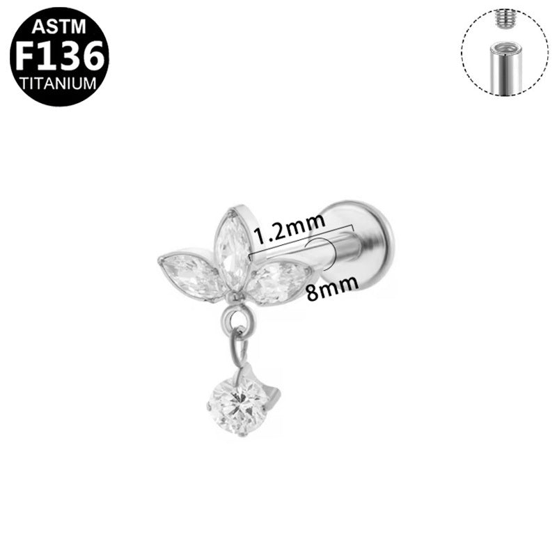 Gaby Jewelry ASTM F136 Titanium Internal Thread Labret Stud Three Marquise CZ Flower Dangle Round Zircon Flat Back Cartilage Earring Piercing Jewelry
